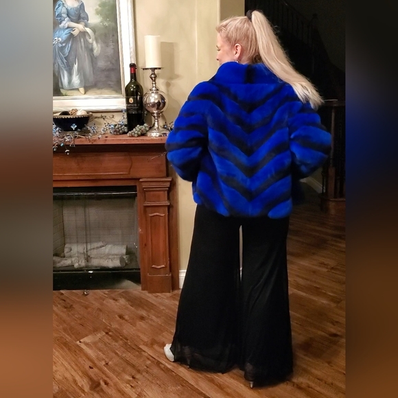 NWT Brilliant Sapphire Blue & Black Rex Chinchilla Fur Coat L/XL - Picture 8 of 17